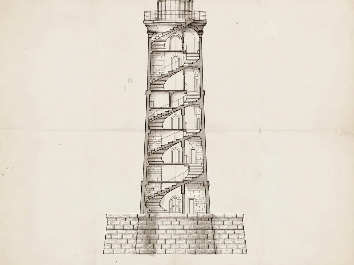 Elevation blueprint of Bell Rock lighthouse showing internal staircases and solid masonry base