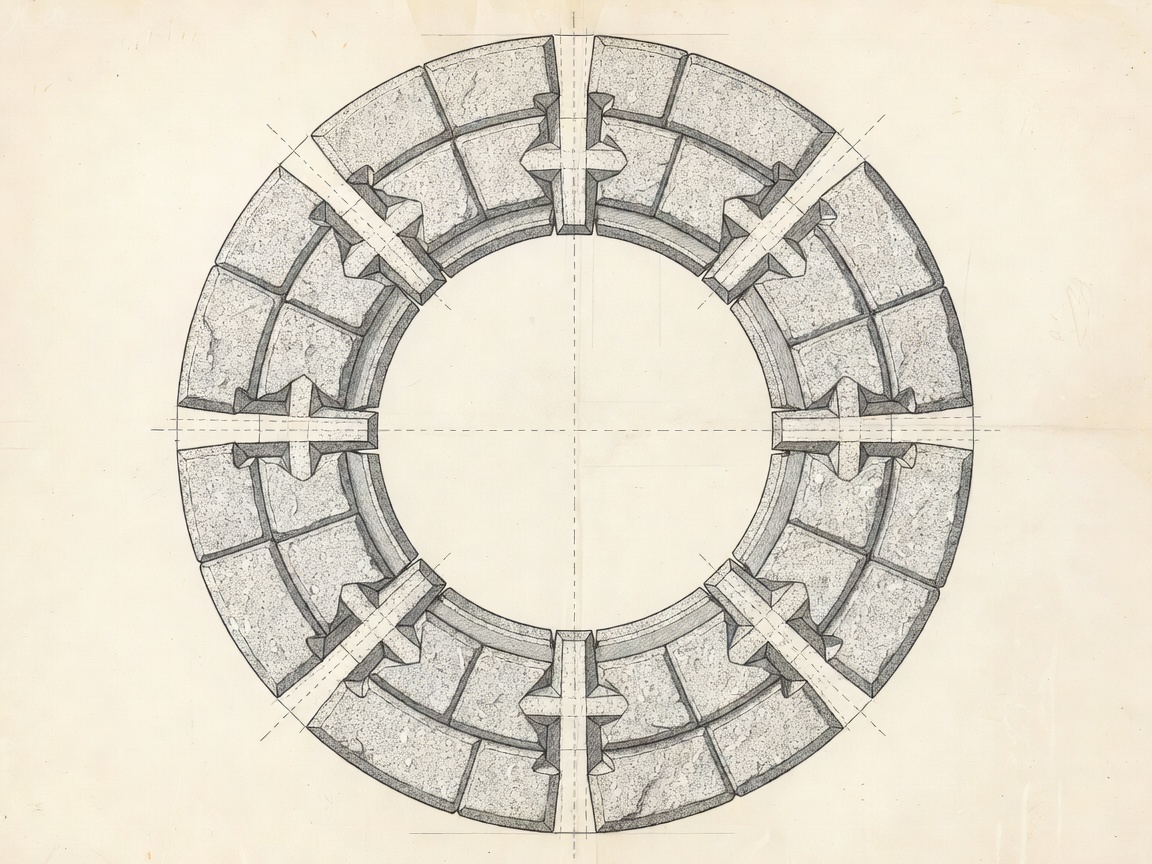 Drafting plan showing interlocking dovetail joints in a circular granite course