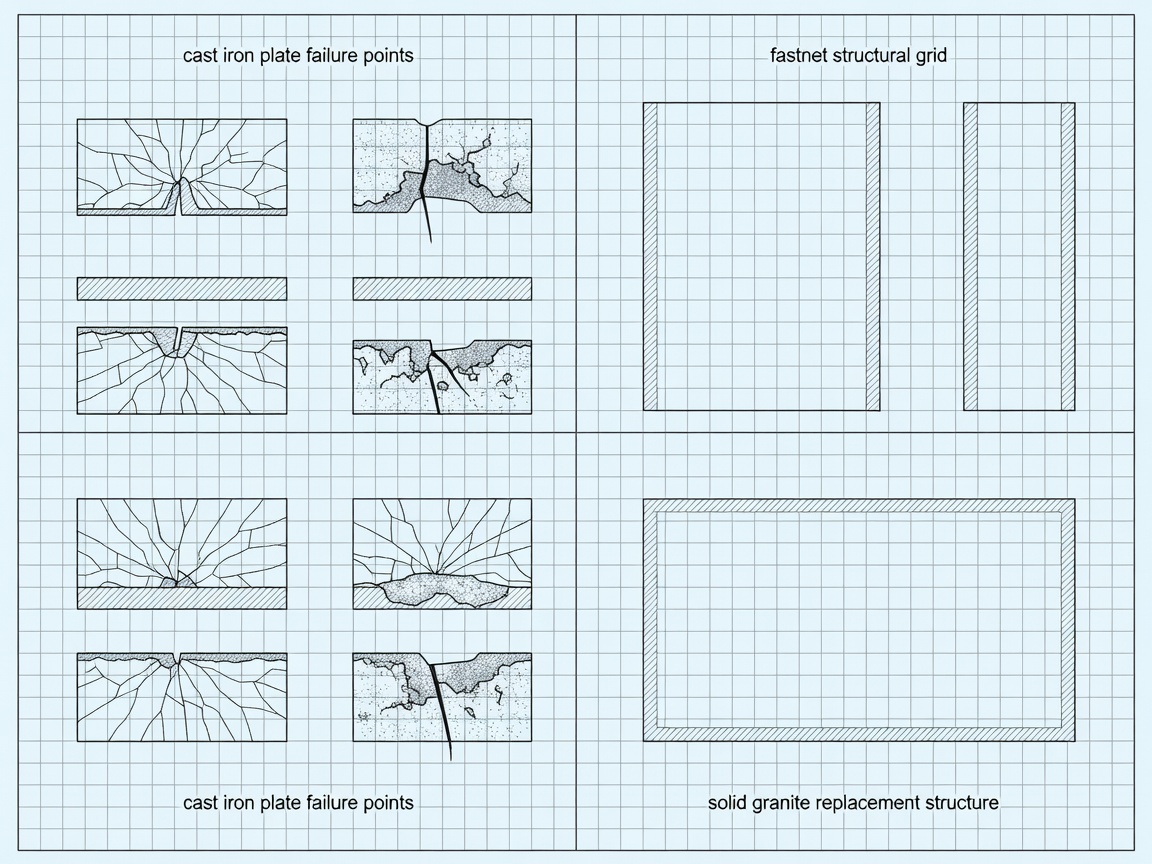 Blueprint grid detailing cast iron plate failure points against solid granite replacement structure