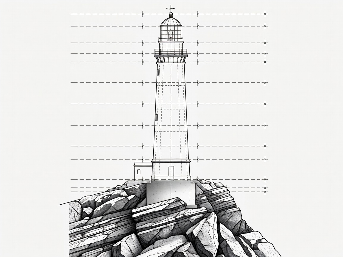 Elevation diagram showing rock foundation cross-section and focal plane height calculations