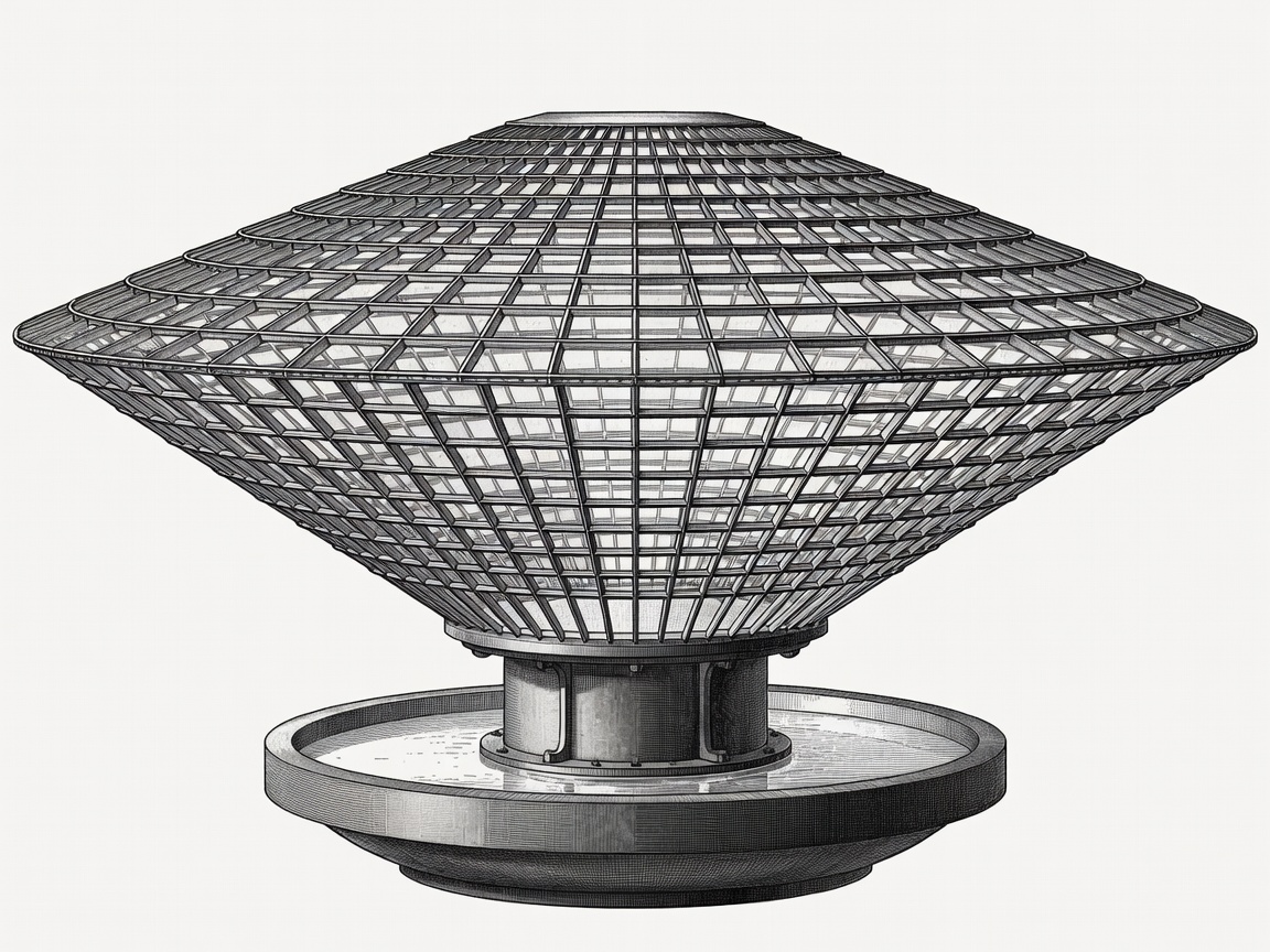 Technical drawing of a hyper-radial Fresnel lens apparatus mounted on a mercury float pedestal