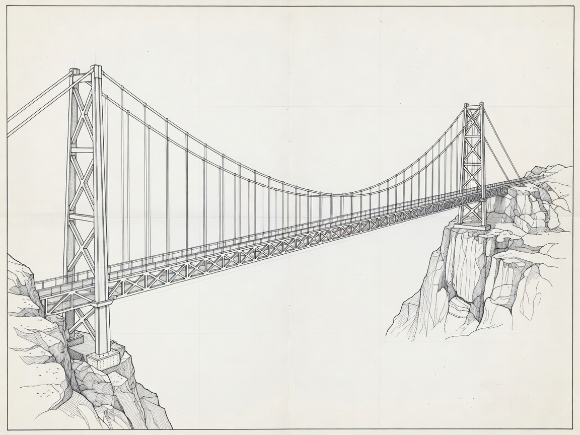 Technical schematic of aluminium suspension bridge linking mainland cliff to the island rock